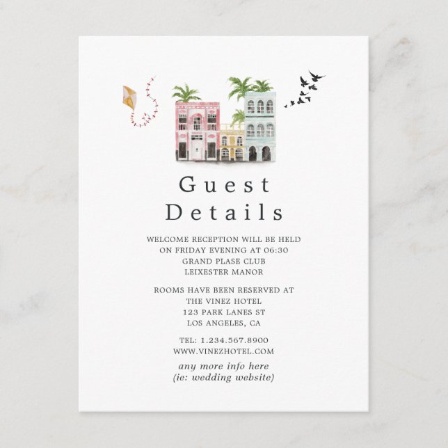 Watercolor Cuba Destination Wedding Guest Details Enclosure Card (Front)