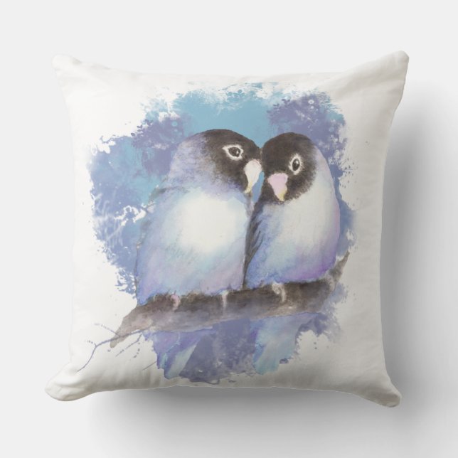 Watercolor Cuddling Blue Lovebirds Bird Art Outdoor Cushion (Front)