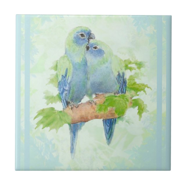 Watercolor Cuddling Blue Parrot Bird Wildlife Art Tile (Front)