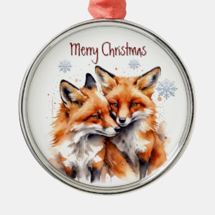 Watercolor Cuddling Fox Foxes Animal Nature Art Metal Tree Decoration
