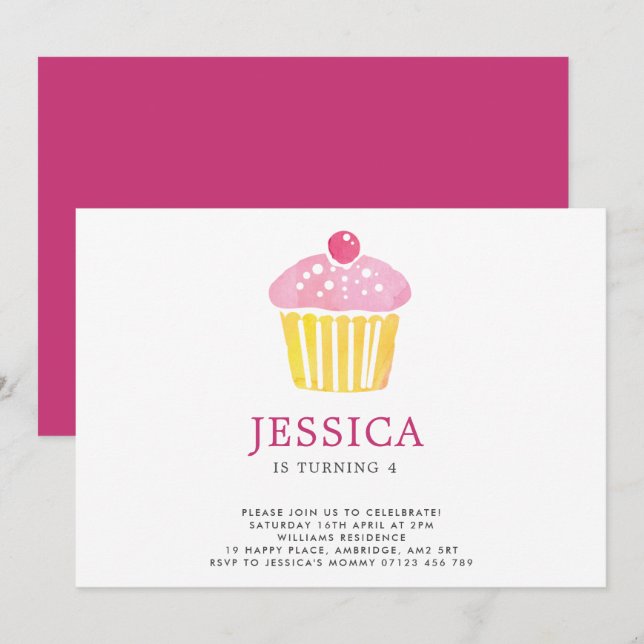 Watercolor Cupcake Birthday Invitation (Front/Back)