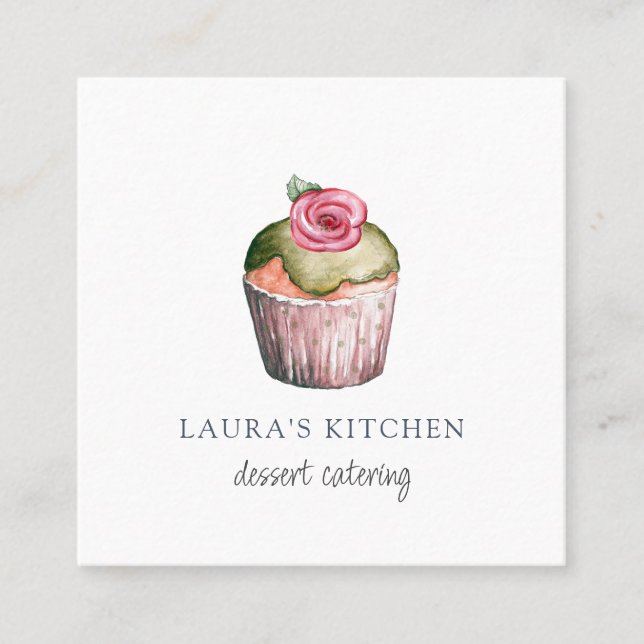 Watercolor Cupcake Dessert Caterer Square Business Card (Front)