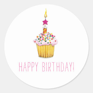 Watercolor Cupcake Happy Birthday Classic Round Sticker