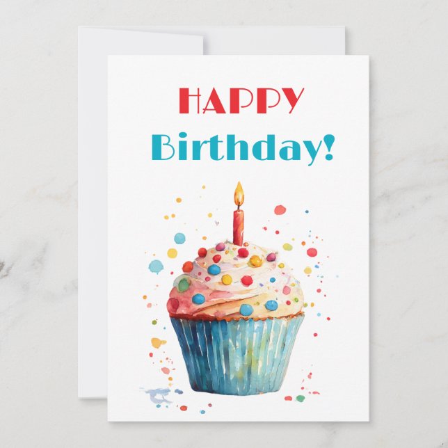 Watercolor Cupcake Happy Birthday Holiday Card (Front)