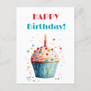 Watercolor Cupcake Happy Birthday Holiday Postcard