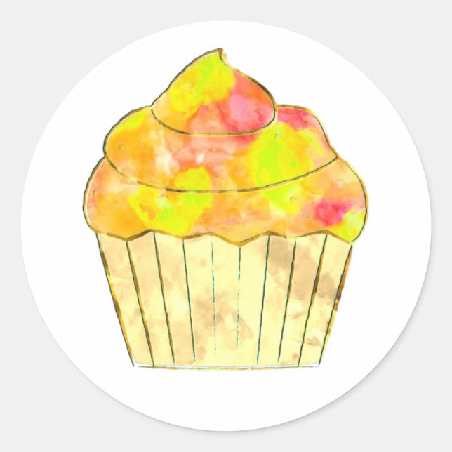 Watercolor Cupcake Painting Classic Round Sticker (Front)