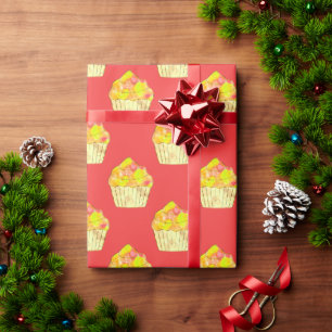 Watercolor Cupcake Painting On Red Wrapping Paper