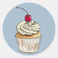 Watercolor Cupcake with Whipped Cream and Cherry