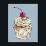 Watercolor Cupcake with Whipped Cream and Cherry Postcard<br><div class="desc">This is a hand drawn watercolor and brush pen illustration of a vanilla cupcake with whip cream topped with a cherry.</div>