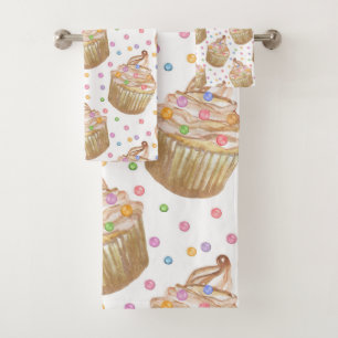 Watercolor cupcakes bath towel set