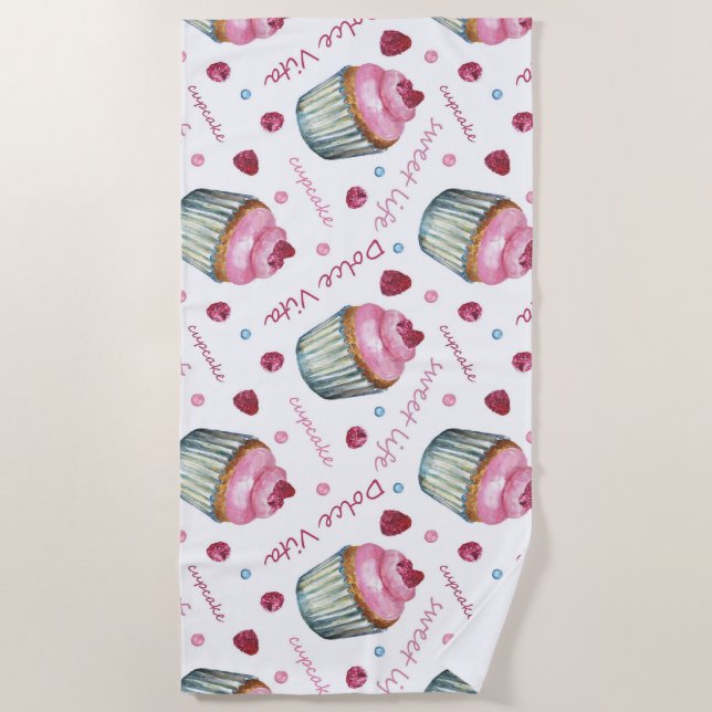 Watercolor cupcakes beach towel (Front)