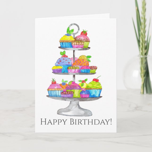 Watercolor cupcakes Birthday Card (Front)