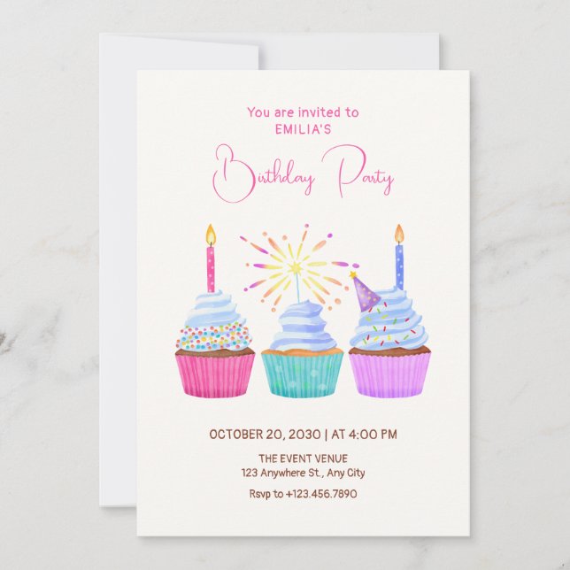Watercolor cupcakes birthday invitation (Front)