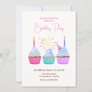 Watercolor cupcakes birthday invitation