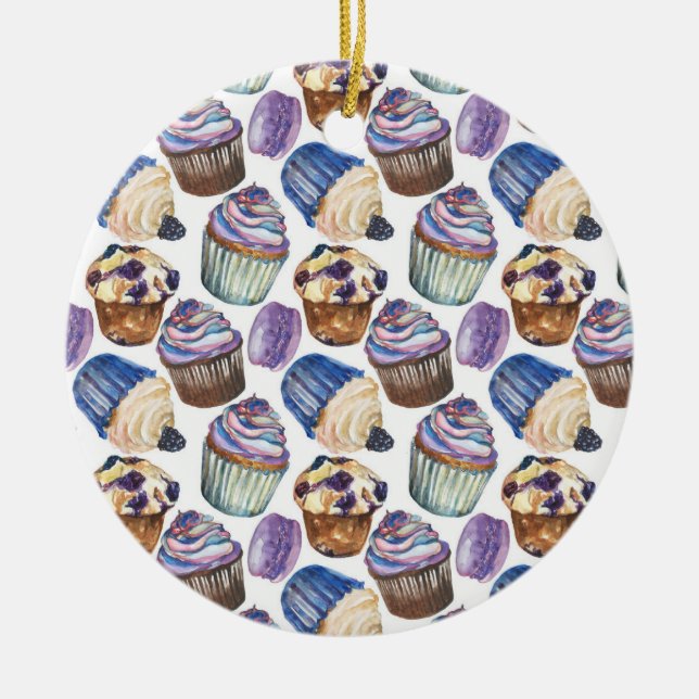 Watercolor cupcakes ceramic tree decoration (Front)