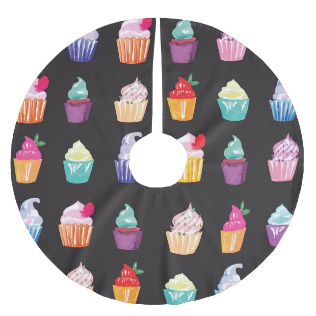 Watercolor Cupcakes: Charming Seamless Background Brushed Polyester Tree Skirt (Front)