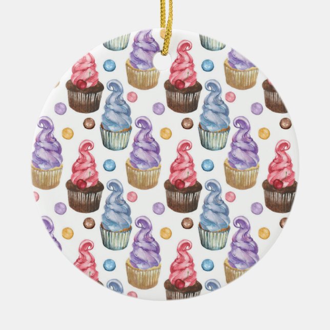Watercolor cupcakes colourful ceramic tree decoration (Front)