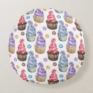 Watercolor cupcakes colourful round cushion
