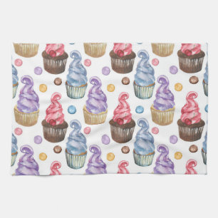 Watercolor cupcakes colourful tea towel