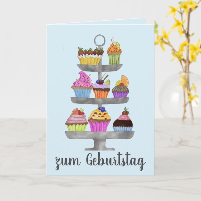 Watercolor cupcakes German Birthday Card (Yellow Flower)