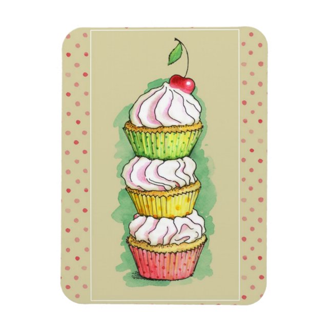 Watercolor cupcakes. Kitchen illustration. Magnet (Vertical)