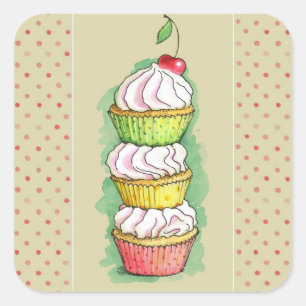 Watercolor cupcakes. Kitchen illustration. Square Sticker
