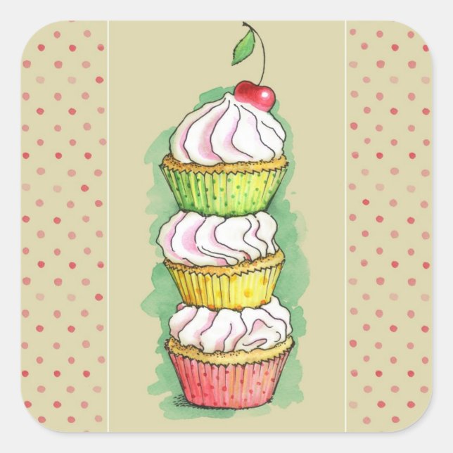 Watercolor cupcakes. Kitchen illustration. Square Sticker (Front)