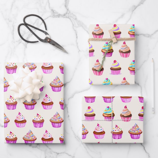 Watercolor Cupcakes Pattern Wrapping Paper Sheet (Front)