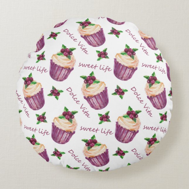 Watercolor cupcakes round cushion (Front)