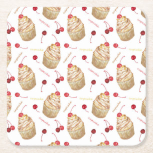 Watercolor cupcakes square paper coaster