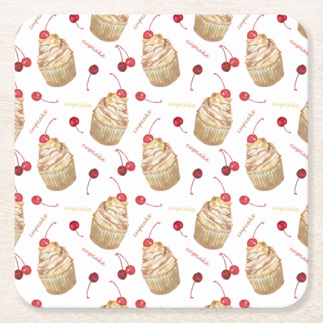 Watercolor cupcakes square paper coaster (Front)