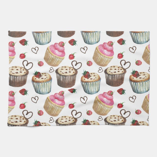 Watercolor cupcakes tea towel (Horizontal)