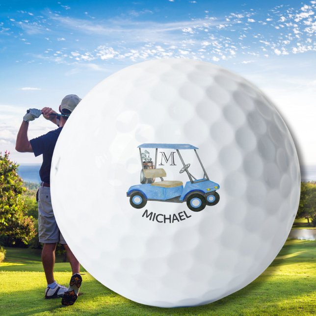 Watercolor Custom Blue Cart Monogram Name   Golf Balls (Creator Uploaded)