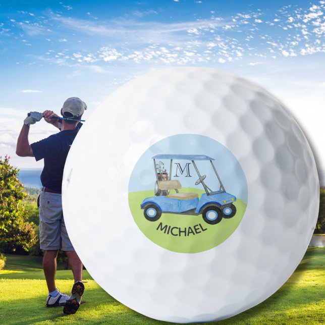 Watercolor Custom Blue Cart Monogram Name   Golf Balls (Creator Uploaded)
