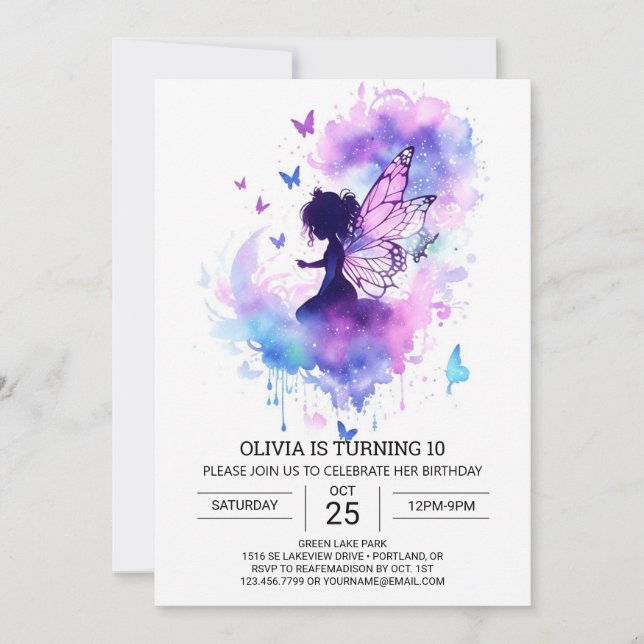 Watercolor Custom Fairy Birthday Invitation (Front)