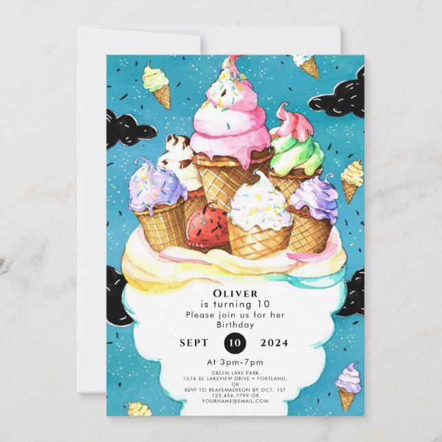 Watercolor Custom Magic Ice Cream Birthday Invitation (Front)
