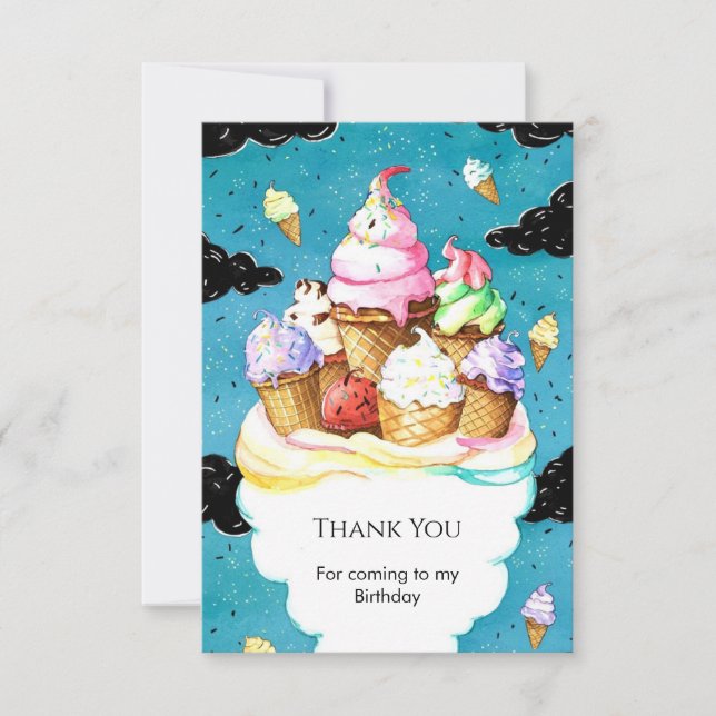 Watercolor Custom Magic Ice Cream Birthday Thank You Card (Front)
