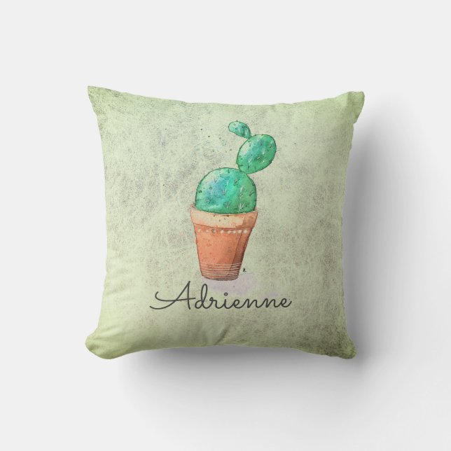 Watercolor Custom Name Cactus Plant Accent Cushion (Front)
