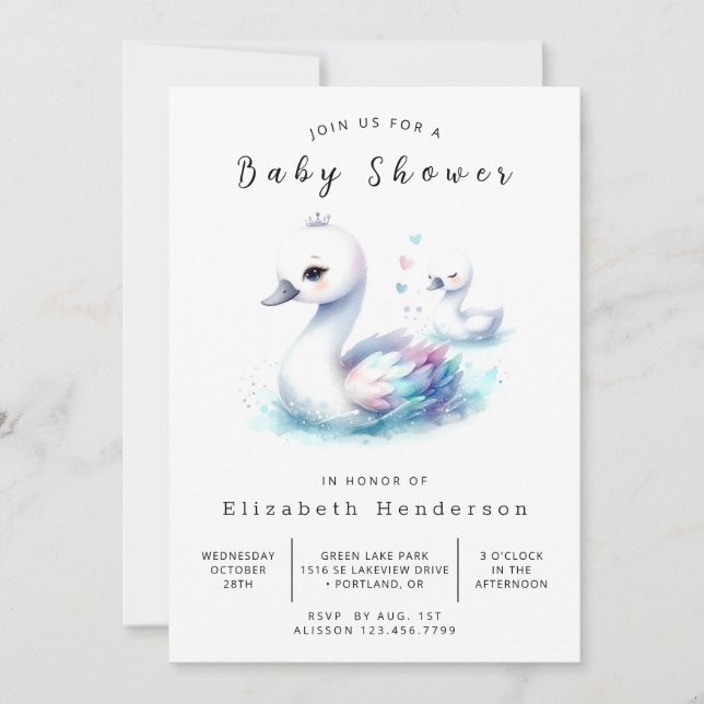 Watercolor Custom Swan Baby Shower Invitation (Front)