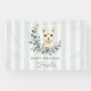 Watercolor Cute Alpaca Birthday Sage Gold Banner