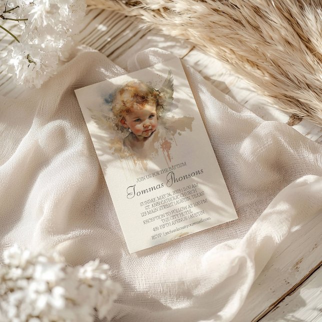 Watercolor cute Angel Baby Baptism Invitation (Creator Uploaded)