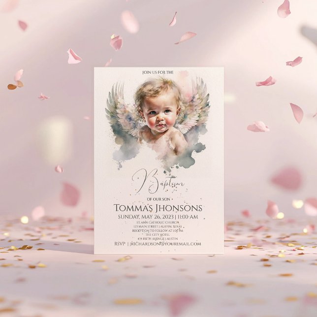 Watercolor cute Angel Baby Baptism Invitation (Creator Uploaded)