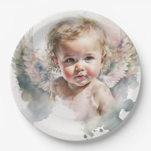 Watercolor cute Angel Baby Baptism Paper Plate