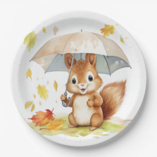 Watercolor Cute Autumn Squirrel Paper Plate