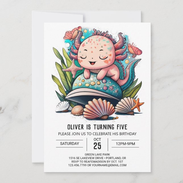 Watercolor Cute Axolotl Birthday Invitation (Front)