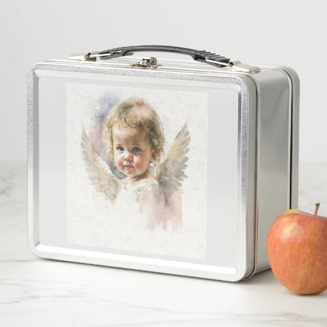  Watercolor cute baby angel sticker Metal Lunch Box (In Situ)