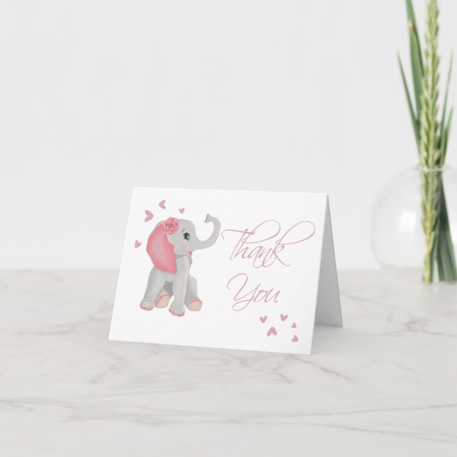 Watercolor Cute Baby Elephant Pink Watercolor  Thank You Card (Front)