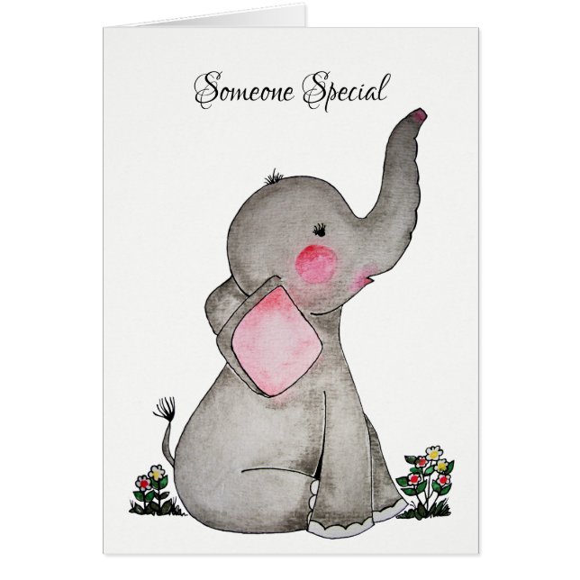 Watercolor Cute Baby Elephant With Blush & flowers (Front)