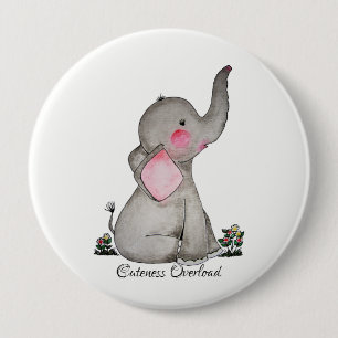 Watercolor Cute Baby Elephant With Blush & Flowers 10 Cm Round Badge