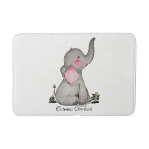 Watercolor Cute Baby Elephant With Blush & Flowers Bath Mat